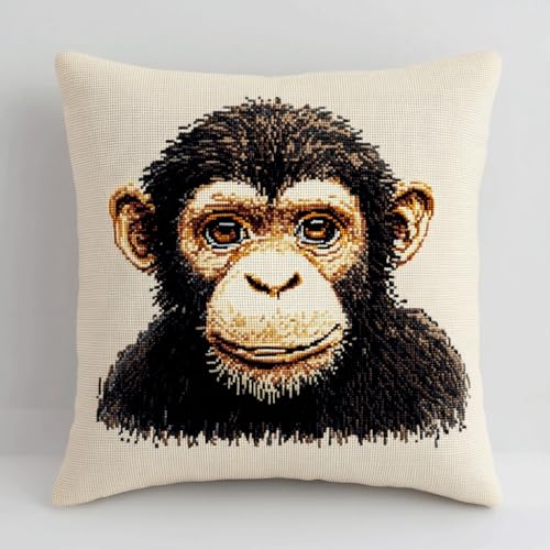 ASONGLINGO Kreuzstich Knüpfkissen Zum Selber knüpfen Kissen Set Tier Affe Knüpfpackungen Für Anfänger, Diy-Kissen, latch hook kits,Heimdekoratio 43x43cm von ASONGLINGO