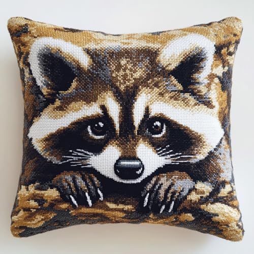ASONGLINGO Kreuzstich Knüpfkissen Zum Selber knüpfen Kissen Set Tier Waschbär Knüpfpackungen Für Anfänger, Diy-Kissen, latch hook kits,Heimdekoratio 43x43cm von ASONGLINGO