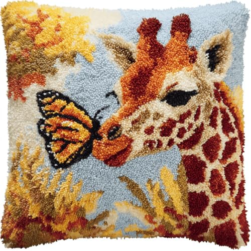 ASONGLINGO Latch Cushion Kit Tier Giraffe und Schmetterling Embroidery Craft Kits for Beginners DIY Latch Hook Kit Rug Set with Printed Canvas 43x43cm ASONGLINGO Latch Cushion Kit Tier Giraffe und Schmetterling Embroidery Craft Kits for Beginners DIY Latch Hook Kit Rug Set with Printed Canvas 43x43cm von ASONGLINGO