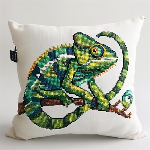 ASONGLINGO Latch Cushion Kits, Handmade Cross Stitch Latch Hook Cushion Cover Rug Sets with Pre-Printed Color Pattern Canvas Crochet Yarn Set 43x43cm(Cartoon-Eidechse) von ASONGLINGO