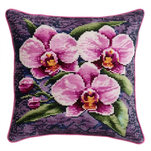 ASONGLINGO Latch Cushion Kits, Handmade Cross Stitch Latch Hook Cushion Cover Rug Sets with Pre-Printed Color Pattern Canvas Crochet Yarn Set 43x43cm(Lila Orchideenblüte) von ASONGLINGO