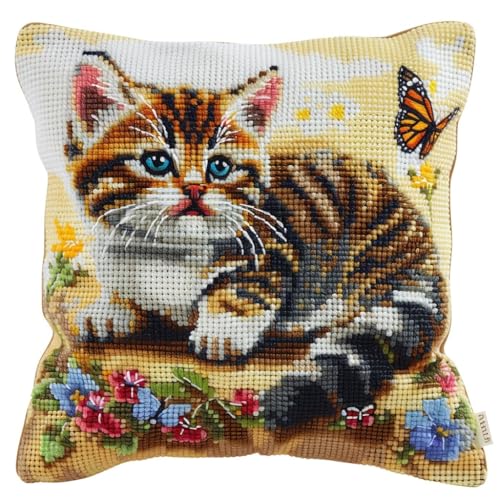 ASONGLINGO Latch Cushion Kits, Handmade Cross Stitch Latch Hook Cushion Cover Rug Sets with Pre-Printed Color Pattern Canvas Crochet Yarn Set 43x43cm(Tier Katze -a67) von ASONGLINGO