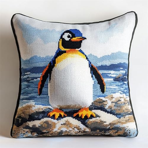 ASONGLINGO Latch Cushion Set, Kreuzstich Knüpfkissen Zum Selber knüpfen Kissen Kits,Knüpfen DIY Dekokissen, Stickerei Knüpf-Sets 43 cm x 43 cm(Pinguine am Strand) von ASONGLINGO