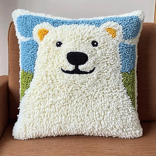 ASONGLINGO Latch Cushion Set, Kreuzstich Knüpfkissen Zum Selber knüpfen Kissen Kits,Knüpfen DIY Dekokissen, Stickerei Knüpf-Sets 43 cm x 43 cm(Tierischer Eisbär) von ASONGLINGO