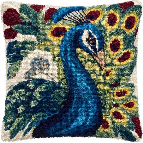 ASONGLINGO Latch Cushion Set, Tierischer Pfau Latch Kits Knotting Set Cushion Craft Kits Cushion for Beginners for Sofa Home Decoration DIY Kissen Knüpfset 43X43cm von ASONGLINGO