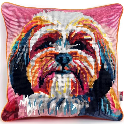 ASONGLINGO Latch Cushion Set DIY Cross Stitch Latch Hook Cushion Cover Rug Sets with Pre-Printed Canvas Crochet Yarn Crafts 43x43cm(Tier Hund) von ASONGLINGO