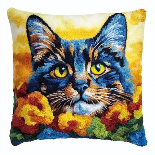 ASONGLINGO Latch Cushion Set Latch Hook Cushion Kit for Beginners or Adults for DIY Stickerei Knüpf-Sets 43x43cm(Tier Katze -a63) von ASONGLINGO