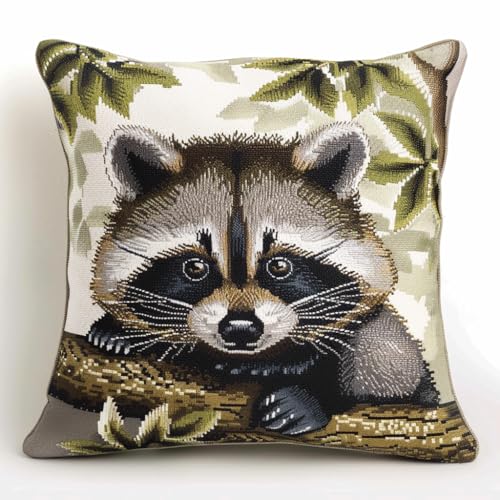 ASONGLINGO Latch Cushion for DIY Knotting Set Tier Waschbär und Blätter Latch Set Kreuzstich Knüpfkissen Zum Selber knüpfen Kissen Kit 43x43cm von ASONGLINGO