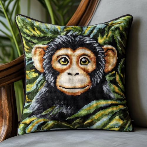ASONGLINGO Latch Cushion for DIY Knotting Set Tieraffe und Blätter Latch Set Kreuzstich Knüpfkissen Zum Selber knüpfen Kissen Kit 43x43cm von ASONGLINGO