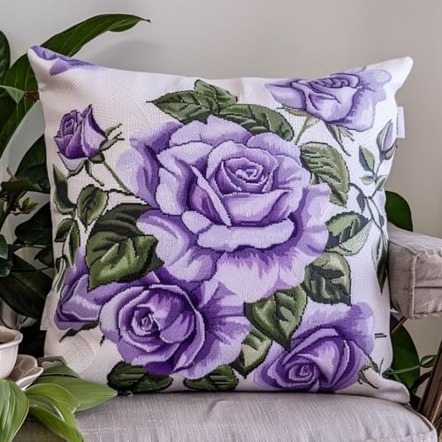 ASONGLINGO Latch Hook Cushion Kit, Latch Cushion Set for Beginners Adults, Diy Knüpfen Set Kissen Knüpfen Handarbeit 43x43cm(Lila Rosenblüte) von ASONGLINGO