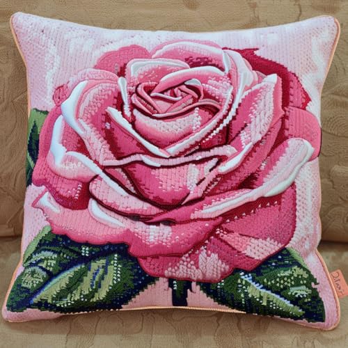 ASONGLINGO Latch Hook Cushion Kit, Latch Cushion Set for Beginners Adults, Knotting and Weaving Set Knüpfpackungen 43x43cm(Rosa Rosenblüte) von ASONGLINGO