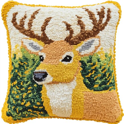 ASONGLINGO Latch Hook Cushion Set, Latch Cushion Set for Beginners Adults, DIY Knüpfteppiche & Knüpfkissen 43x43cm(Tier Hirsch) von ASONGLINGO