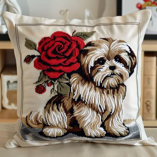 ASONGLINGO Latch Hook Cushion Set, Latch Cushion Set for Beginners Adults, DIY Knüpfteppiche & Knüpfkissen 43x43cm(Tiere, Hunde und Blumen) von ASONGLINGO