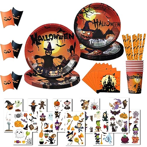 ASSUGO Halloween Geschirr 80 Stück, Tischdeko Set Mit Pappteller, Becher, Servietten, Strohhalme, Bonbonbox, Kürbis Tattoo Sticker, Partygeschirr für Kinder, Grusel Party (10 Psc) von ASSUGO