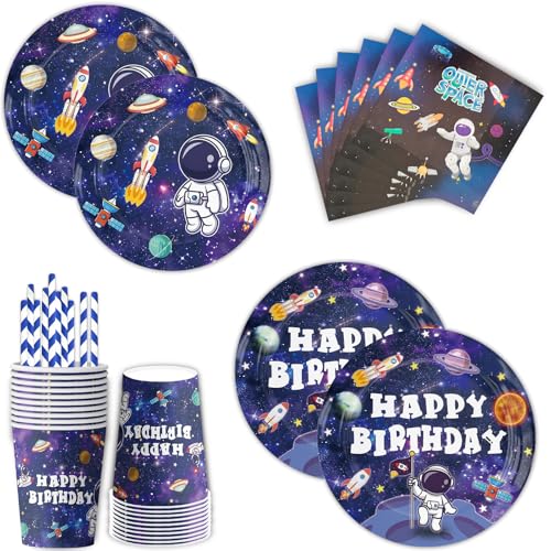 60 stück Weltraum Partygeschirr Set , weltraum kindergeburtstag deko , pappteller Becher Servietten Strohhalme , für kindergeburtstag Junge Mädchen Partys weltall deko von ASSUGO