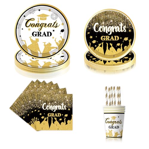 ASSUGO Graduation deko Partygeschirr,60pcs Graduation tischdeko, Inklusive pappteller schwarz, servietten schwarz Gold, pappbecher,Strohhalme schulabschluss Party deko geeignet für Abschlussfeier ASSUGO Graduation deko Partygeschirr,60pcs Graduation tischdeko, Inklusive pappteller schwarz, servietten schwarz Gold, pappbecher,Strohhalme schulabschluss Party deko geeignet für Abschlussfeier von ASSUGO