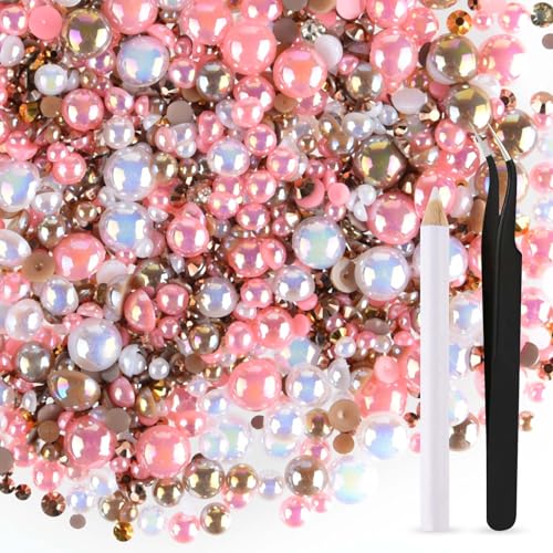50g Mix Halbperlen und Glitzersteine für Kunsthandwerk, 3mm-10mm FlatBack Perlen und Strasssteine für Gesicht Nagel DIY Becher Becher Kunst Schuhe Kleidung(Rosa Braune Serie) von ASTARON
