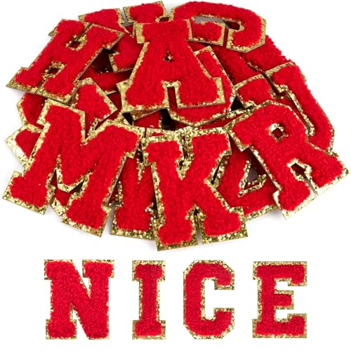 ASTARON 26 Stück selbstklebende Buchstaben Aufnäher Chenille-Buchstaben Aufkleber, A-Z gestickte Applique-Aufnäher Alphabet-Stoffaufnäher für Kleidung, Taschen, Hut, DIY-Zubehör (Rot) von ASTARON