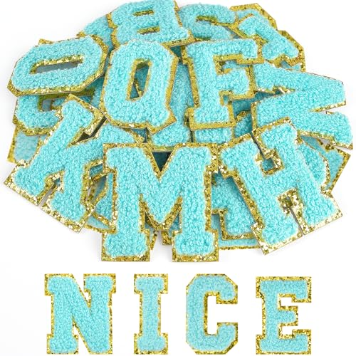 ASTARON 26 Stück selbstklebende Buchstaben Aufnäher Chenille-Buchstaben Aufkleber, A-Z gestickte Applique-Aufnäher Alphabet-Stoffaufnäher für Kleidung, Taschen, Hut, DIY-Zubehör (Seeblau) von ASTARON