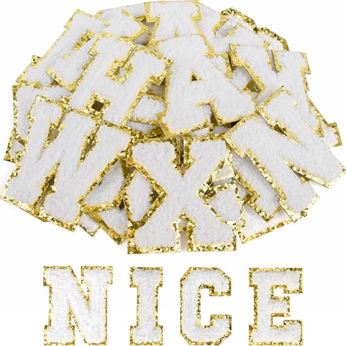 ASTARON 26 Stück selbstklebende Buchstaben Aufnäher Chenille-Buchstaben Aufkleber, A-Z gestickte Applique-Aufnäher Alphabet-Stoffaufnäher für Kleidung, Taschen, Hut, DIY-Zubehör (Weiß) von ASTARON