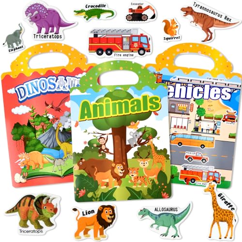 ASTARON 3 Stück wiederverwendbare Stickerbücher für Kinder, niedliche wasserdichte Dinosaurier Tiere Fahrzeuge Aufkleber, tragbare Reise-Spielzeug und pädagogische Sensory Learning Spielzeug von ASTARON