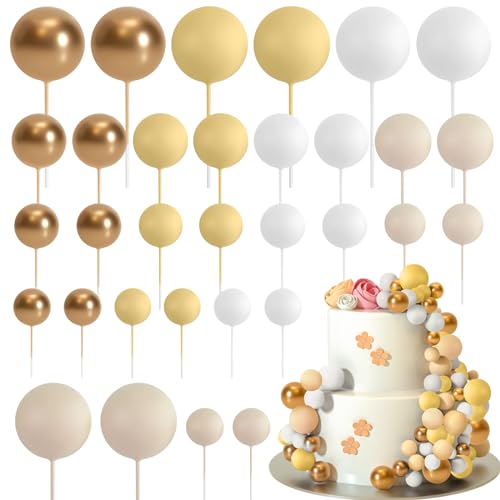 ASTARON 32 Stück Tortendeko Kugeln Cake Topper, Mini-Ballons Tortenaufleger für Hochzeit Party Babyparty Geburtstag Torte Dekorieren (Gelbes, Gold) von ASTARON
