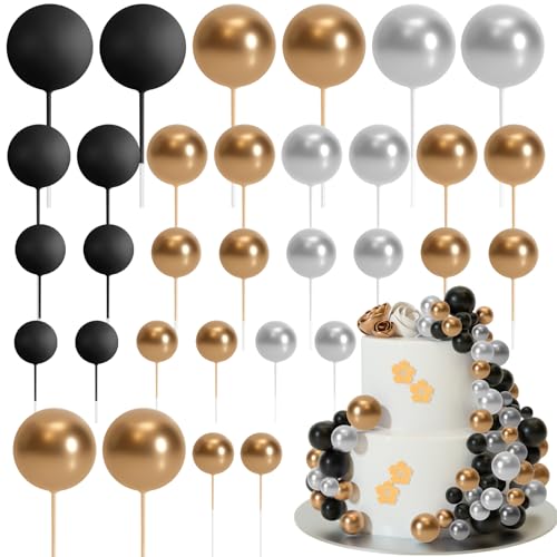 ASTARON 32 Stück Tortendeko Kugeln Cake Topper, Mini-Ballons Tortenaufleger für Hochzeit Party Babyparty Geburtstag Torte Dekorieren (Gold, Silber, Schwarz) von ASTARON