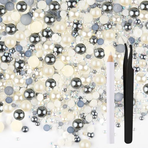 ASTARON 50 g Mix-Strasssteine mit flacher Rückseite, Halbperlen zum Basteln, gemischte Größe 3–10 mm, Strasssteine mit flacher Rückseite für Becher, Tassen, Nagelkunst, Schuhe (Silbergrau, Weiß) von ASTARON