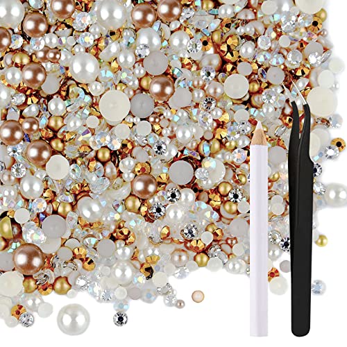 ASTARON 50g Mix Halbperlen und Glitzersteine für Kunsthandwerk, 3mm-10mm FlatBack Perlen und Strasssteine für Gesicht Nagel DIY Becher Becher Kunst Schuhe Kleidung (Champagner Gold Serie) von ASTARON