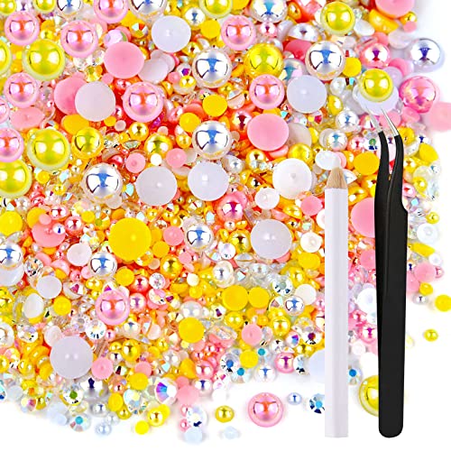 ASTARON 50g Mix Halbperlen und Glitzersteine für Kunsthandwerk, 3mm-10mm FlatBack Perlen und Strasssteine für Gesicht Nagel DIY Becher Becher Kunst Schuhe Kleidung (Rosa Gelb Serie) von ASTARON