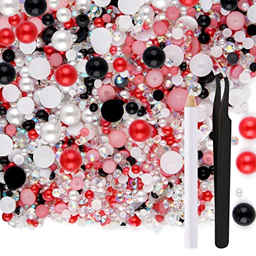 ASTARON 50g Mix Halbperlen und Glitzersteine für Kunsthandwerk, 3mm-10mm FlatBack Perlen und Strasssteine für Gesicht Nagel DIY Becher Becher Kunst Schuhe Kleidung (Rot Schwarz Serie) von ASTARON