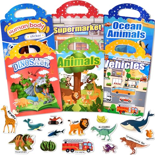 ASTARON 6 Stück wiederverwendbare Stickerbücher für Kinder, niedliche wasserdichte Dinosaurier Tiere Fahrzeuge Aufkleber, tragbare Reise-Spielzeug und pädagogische Sensory Learning Spielzeug von ASTARON