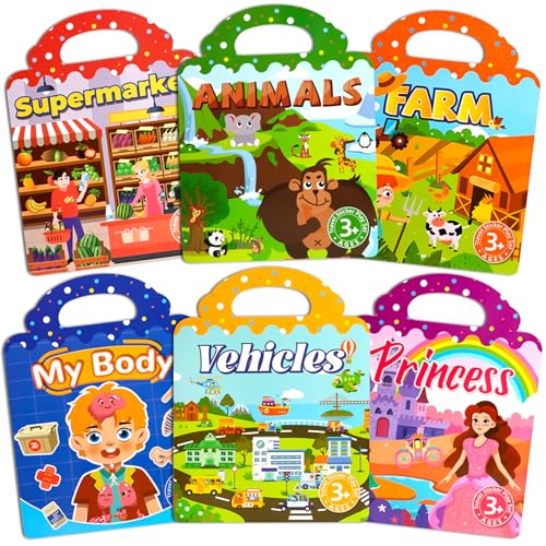 ASTARON 6er-Set Wiederverwendbares Stickerbuch, 3D-Sticker für Kleinkinder (3–4 Jahre), tragbares Reisespielzeug und Beschäftigungsbuch für Kinder (3–4 Jahre) von ASTARON