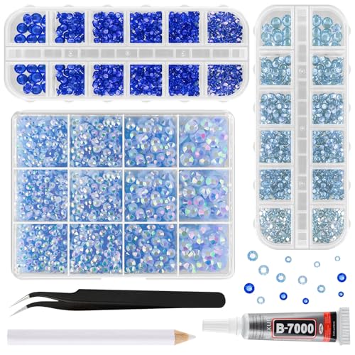 ASTARON Blaue Harz Strasssteine zum Basteln, 2mm-6mm Gemischte Flatback Edelsteine Gems Jelly AB Bedazzling Diamanten mit Kleber für Bastelarbeiten, Nägel, Becher, Tassen von ASTARON