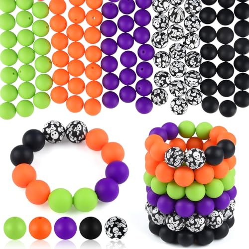 ASTARON Halloween-Silikonperlen, 100 Stück, 15 mm, lila, orange, schwarz, für Halloween-Bastelarbeiten, Schlüsselanhänger, Armbänder, Schmuckherstellung, Geschenkideen, Dekorationen von ASTARON