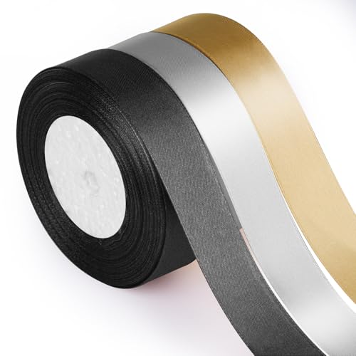ASTARON Satinband zum Basteln, 2.5 cm, schwarz-goldenes Stoffband für Geschenke, Blumensträuße, Verpacken, DIY-Haarschleifen, Geburtstags-, Abschluss-, Silvesterparty-Dekorationen von ASTARON