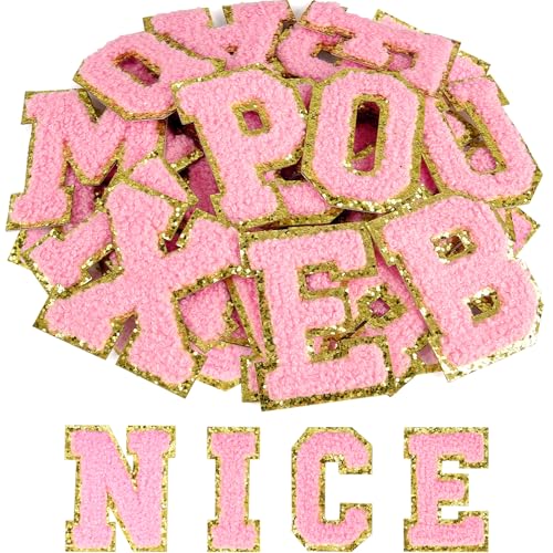 ASTARON Selbstklebende Buchstaben-Aufnäher, Chenille-Buchstaben-Aufkleber, A-Z, bestickte Applikation, Alphabet, Stoffaufnäher für Kleidung, Taschen, Hüte, Handyhüllen, DIY-Zubehör (Hellrosa), 52 von ASTARON