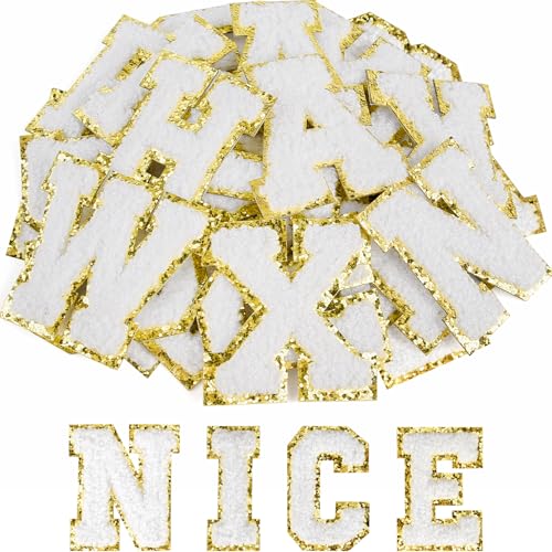 ASTARON Selbstklebende Buchstaben-Aufnäher, Chenille-Buchstaben-Aufkleber, A-Z, bestickte Applikation, Alphabet, Stoffaufnäher für Kleidung, Taschen, Hüte, Handyhüllen, DIY-Zubehör (weiß), 52 Stück von ASTARON
