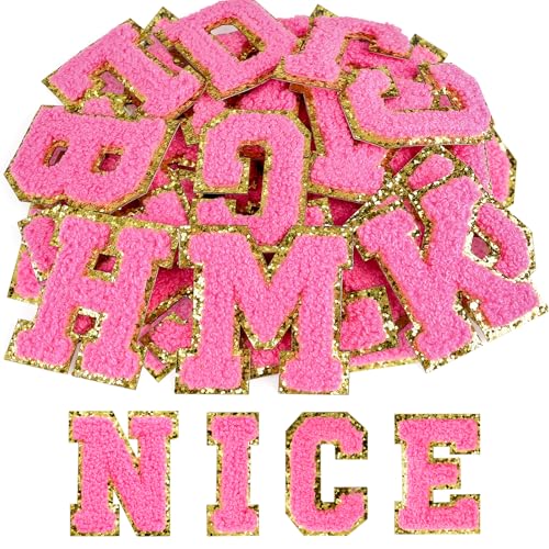 ASTARON Selbstklebende Buchstaben-Aufnäher, Chenille-Buchstaben-Aufkleber, A-Z, bestickte Applikation, Alphabet, Stoffaufnäher für Kleidung, Taschen, Hüte, Handyhüllen, DIY-Zubehör (Mittelrosa), 52 von ASTARON