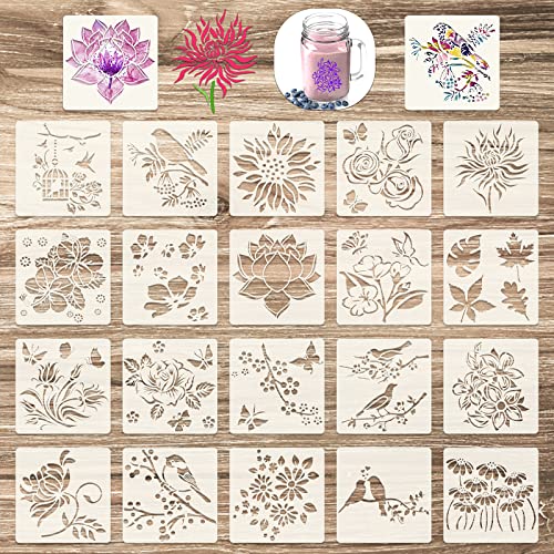 ASTER 20 Stücke Blumen Vogel Schablone Flower Painting Template, 15 x 15 cm Wiederverwendbare Blatt Zeichnung Schablone, DIY Malschablone Satz für Journal Scrapbooking und Gästebuch von ASTER