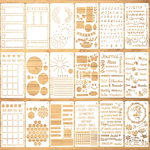 Aster 18 Stück Journal Schablonen Tagebuch Stencils Set, Wiederverwendbares Bullet Schablonen Malerei Vorlage Zubehör für DIY Geschenkkarten Journal Notizbuch Scrapbook Kalender Aster 18 Stück Journal Schablonen Tagebuch Stencils Set, Wiederverwendbares Bullet Schablonen Malerei Vorlage Zubehör für DIY Geschenkkarten Journal Notizbuch Scrapbook Kalender von ASTER