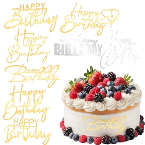 ASTER Happy Birthday Cake Topper, 8 Stück Happy Birthday Tortendeko Geburtstag Acryl Tortendeko Kuchenaufsätze, Gold Glitter Happy Birthday Deko für Partyfeier von ASTER