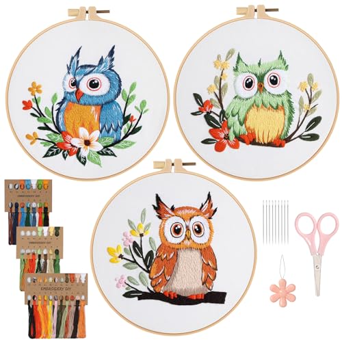 ASTNIC Stickset für Anfänger, 3 Sets Eulenstickerei Starter Kits mit Mustern und Anleitungen Kreuzstich-Kits, Erwachsene Stickerei Set mit 1 Stickrahmen, Farbfäden und Werkzeuge für DIY Kunst von ASTNIC
