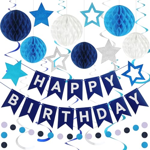 ASTNIC Wiederverwendbare Geburtstagsdeko, Pastell Party Deko, Marine Blau Happy Birthday Girlande mit Wabenbälle Wimpelkette Geburtstag Pompons Deko, Geburtstag & Party Zubehör von ASTNIC