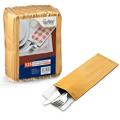 125 Stück Besteckbeutel aus Papier, Stroh, 10 x 25 cm, Serviette, 40 x 40 cm, Beutel für Messer, Besteck, für Aperitiv und Happy Hour, für Lebensmittel (100) von ASTOR