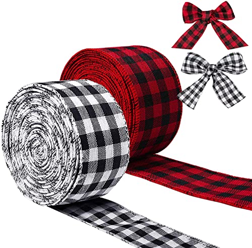 2 Rollen schwarzes und rotes kariertes Juteband mit Drahtrand, Geschenkverpackungsband für Blumenschleifen, Bastelarbeiten, Dekorationen, Weihnachtsbaum, DIY, Urlaubsdekoration von ASTRQLE