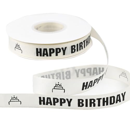 Satinband mit Aufschrift "Happy Birthday", 40 Meter breit, für Geschenke, Kuchen, Basteln, Dekoration, Partyzubehör (weißes Band mit schwarzer Schrift) von ASTRQLE
