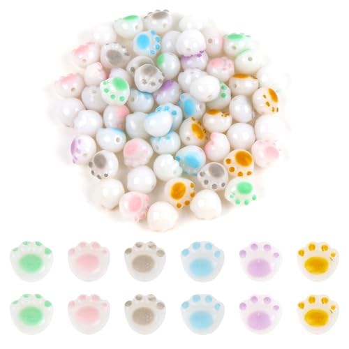 ASUNFO 60 Stück niedliche Katzenperlen mit Pfotenabdruck, Acryl, lose Abstandshalter für Schmuckherstellung, Armbänder, Halsketten, 6 Farben von ASUNFO