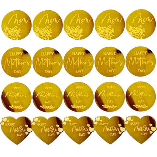 Cupcake-Topper "Happy Mother's Day", Acryl, 4 Stile, goldfarben, rund, Herz, Spiegel, graviert, für Muttertag, Party, Dekoration, Zubehör, 20 Stück von ASVNRES