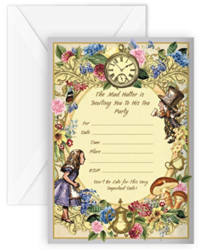 Alice im Wunderland Partyeinladungen, 20 Stück, inklusive 20 Umschläge, Partyzubehör, Hutmacher-Teeparty Alice im Wunderland Partyeinladungen, 20 Stück, inklusive 20 Umschläge, Partyzubehör, Hutmacher-Teeparty von ASVP Shop